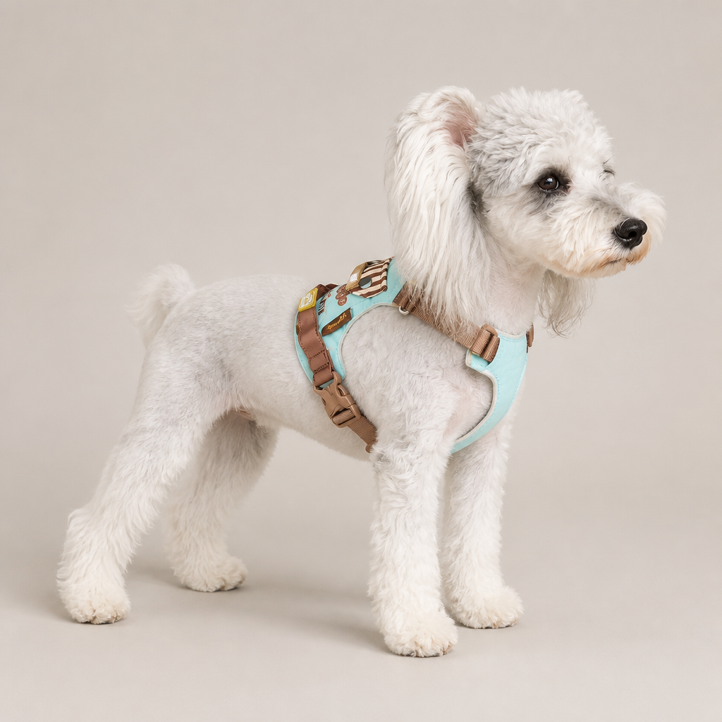 Petit chien portant un harnais gilet turquoise, vue de profil