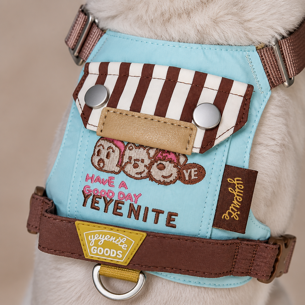 Détail du harnais gilet avec rabat rayé et anneau métallique