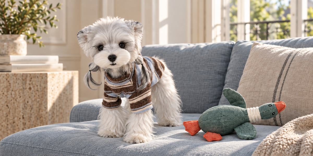 Un chien en polo rayé avec son jouet oie sur un canapé baigné de lumière.